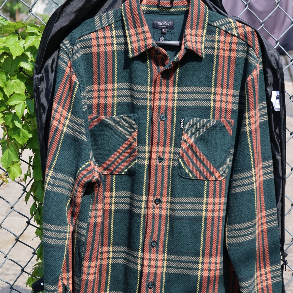 Green and Orange Plaid Button-Up Shirt